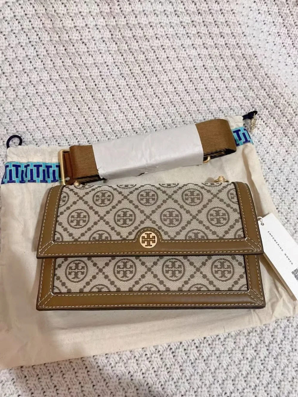 Tory Burch Beige and Brown Logo-Print Crossbody Wallet